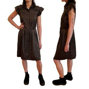 Brown Walter Baker Knee Length Collared Button Down Silk Dress Ruffle Flutter